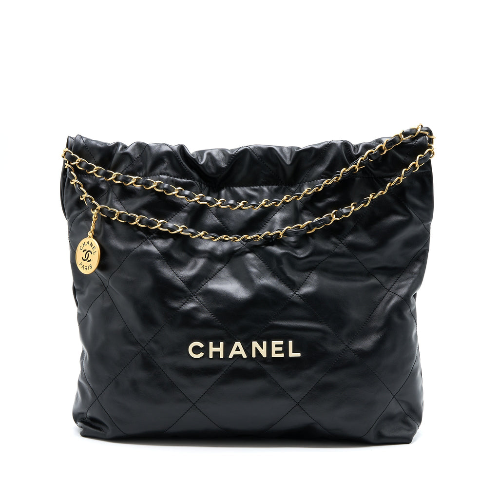 Chanel Medium 22 Bag White Letter Shiny Calfskin Black  (Microchip)