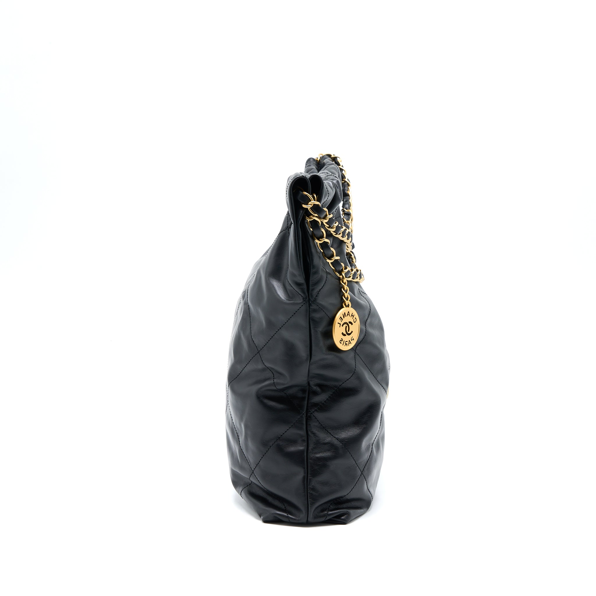 Chanel Medium 22 Bag White Letter Shiny Calfskin Black  (Microchip)