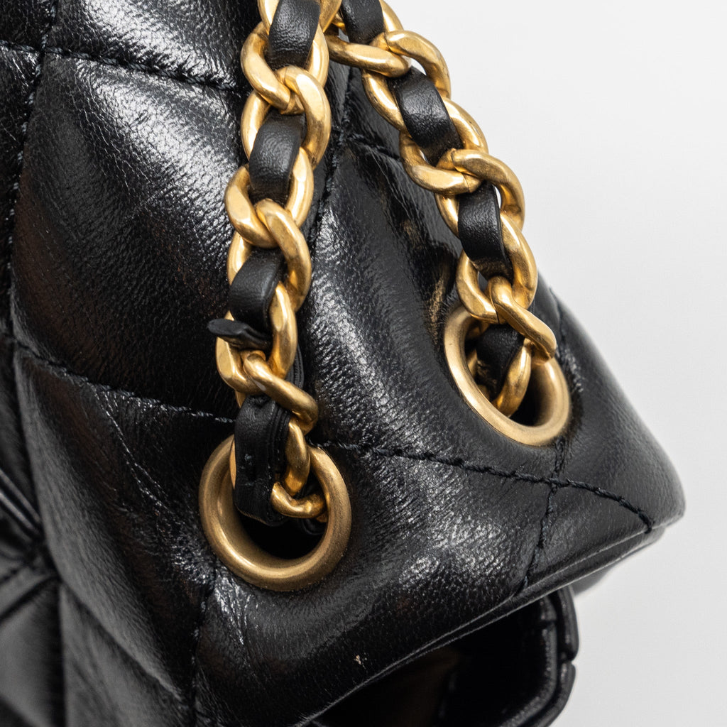 Chanel seasonal mini square flap bag with detailed chain strap calfskin black  (Microchip)