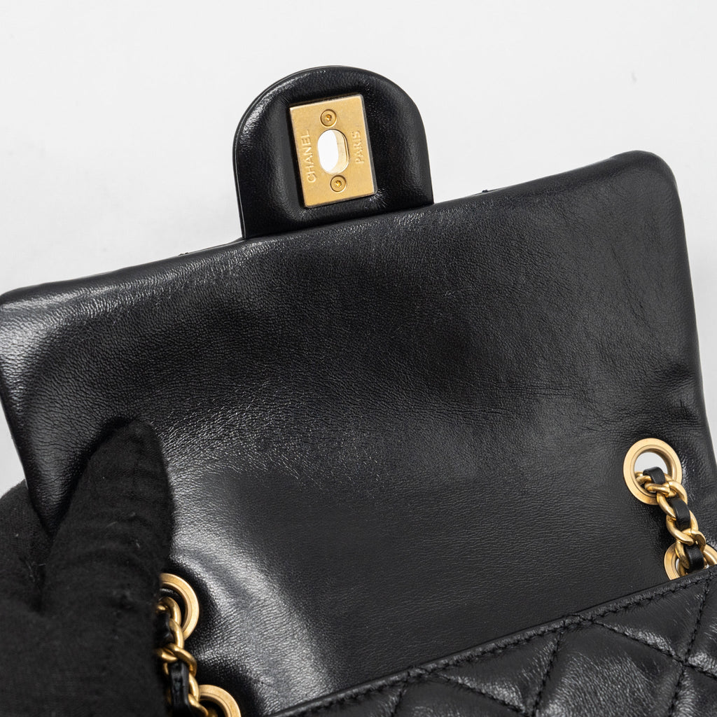 Chanel seasonal mini square flap bag with detailed chain strap calfskin black  (Microchip)
