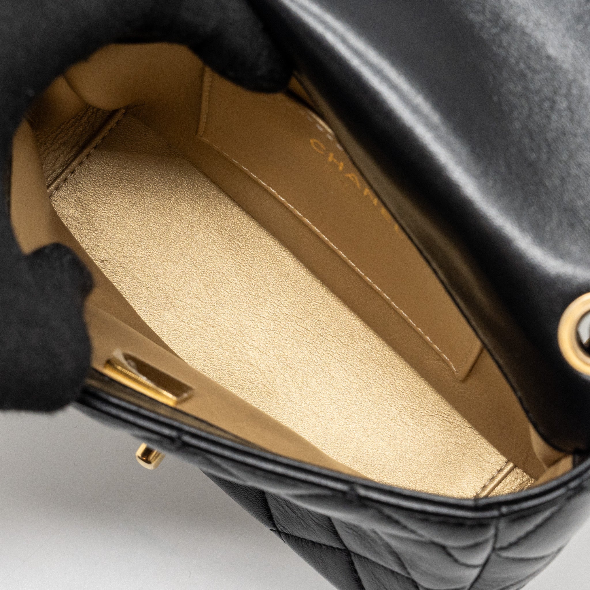 Chanel seasonal mini square flap bag with detailed chain strap calfskin black  (Microchip)