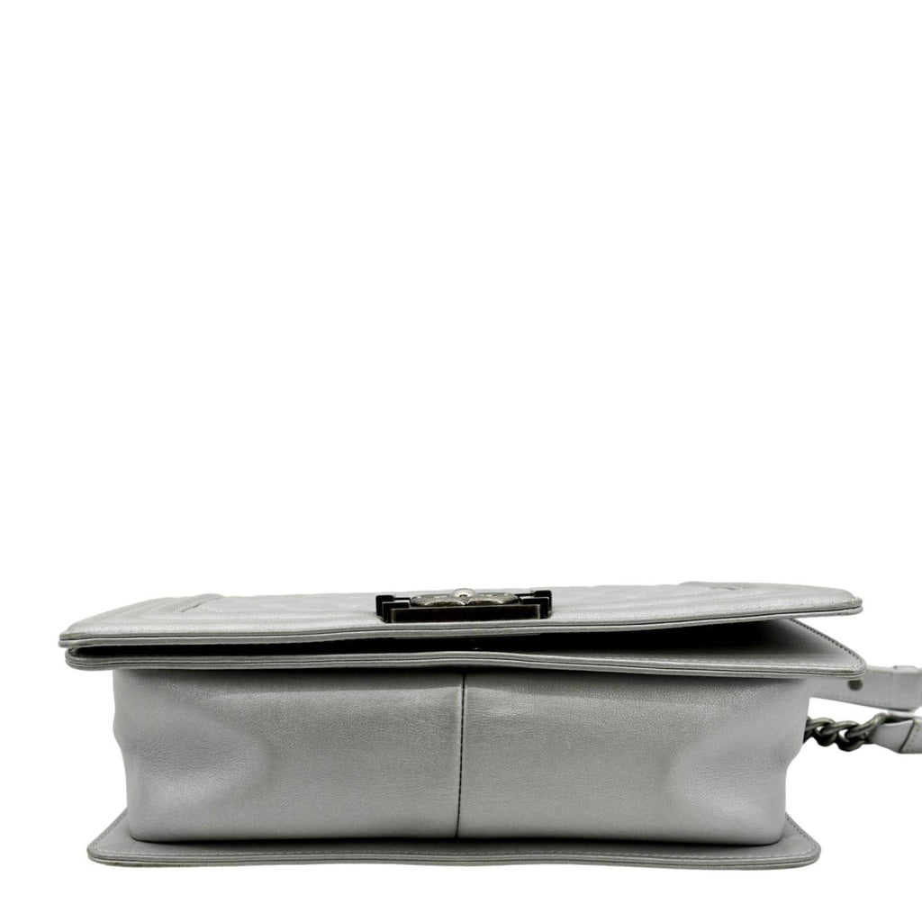 CHANEL Medium Boy Flap Quilted Leather Crossbody Bag Silver