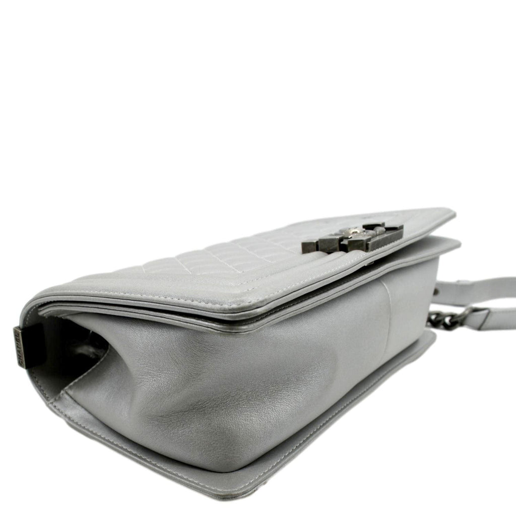 CHANEL Medium Boy Flap Quilted Leather Crossbody Bag Silver
