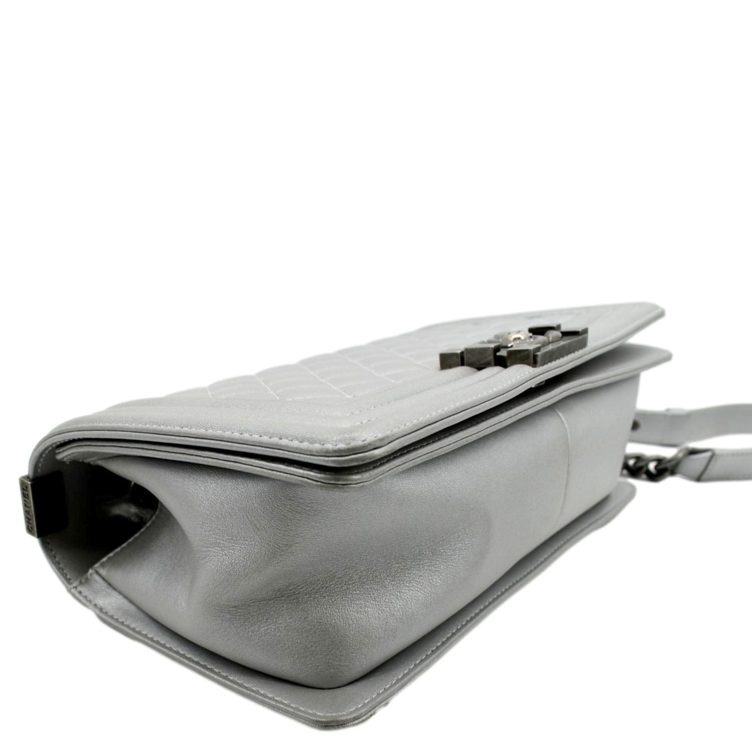 CHANEL Medium Boy Flap Quilted Leather Crossbody Bag Silver