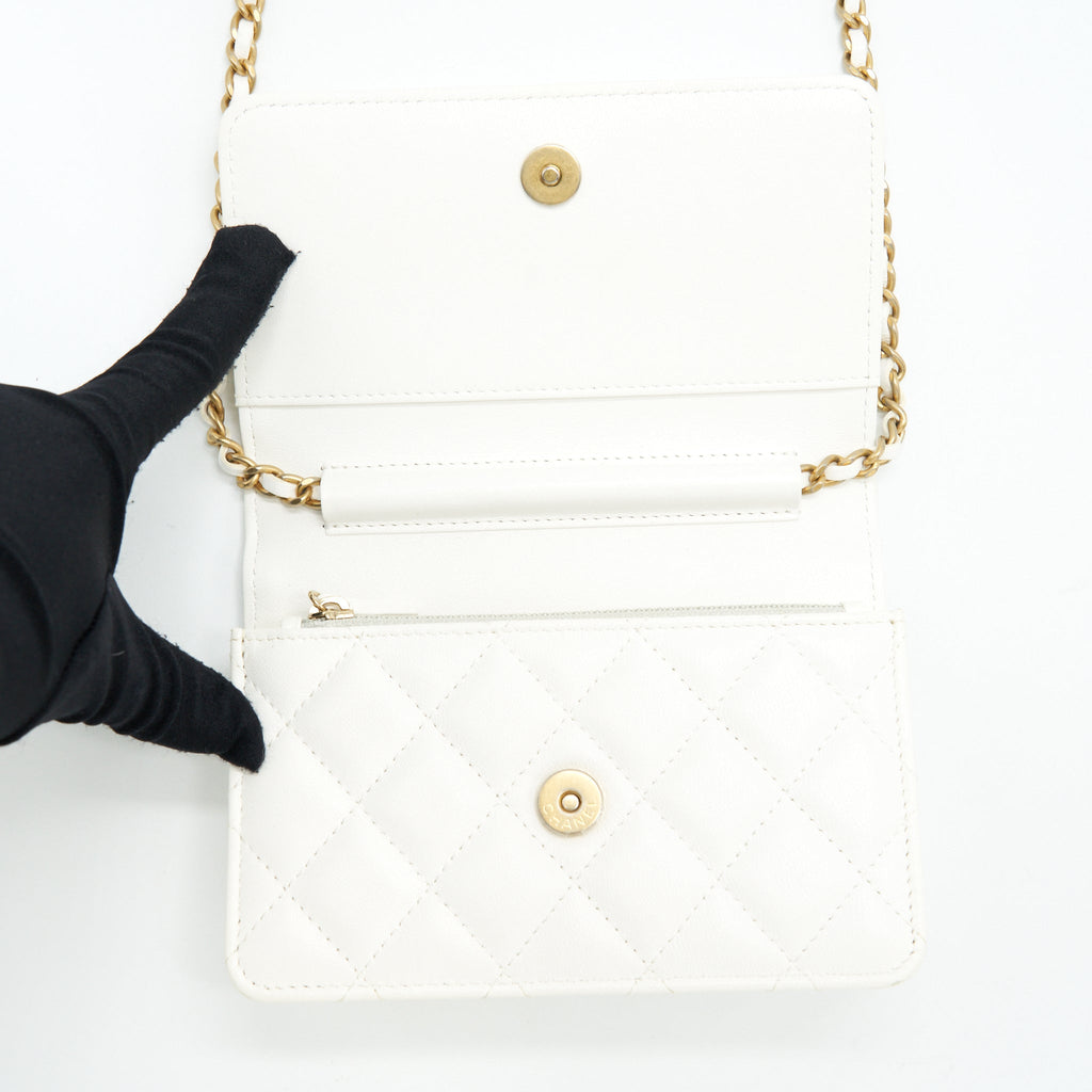 Chanel Small Wallet On Chain With Ribbon Chain Lambskin White