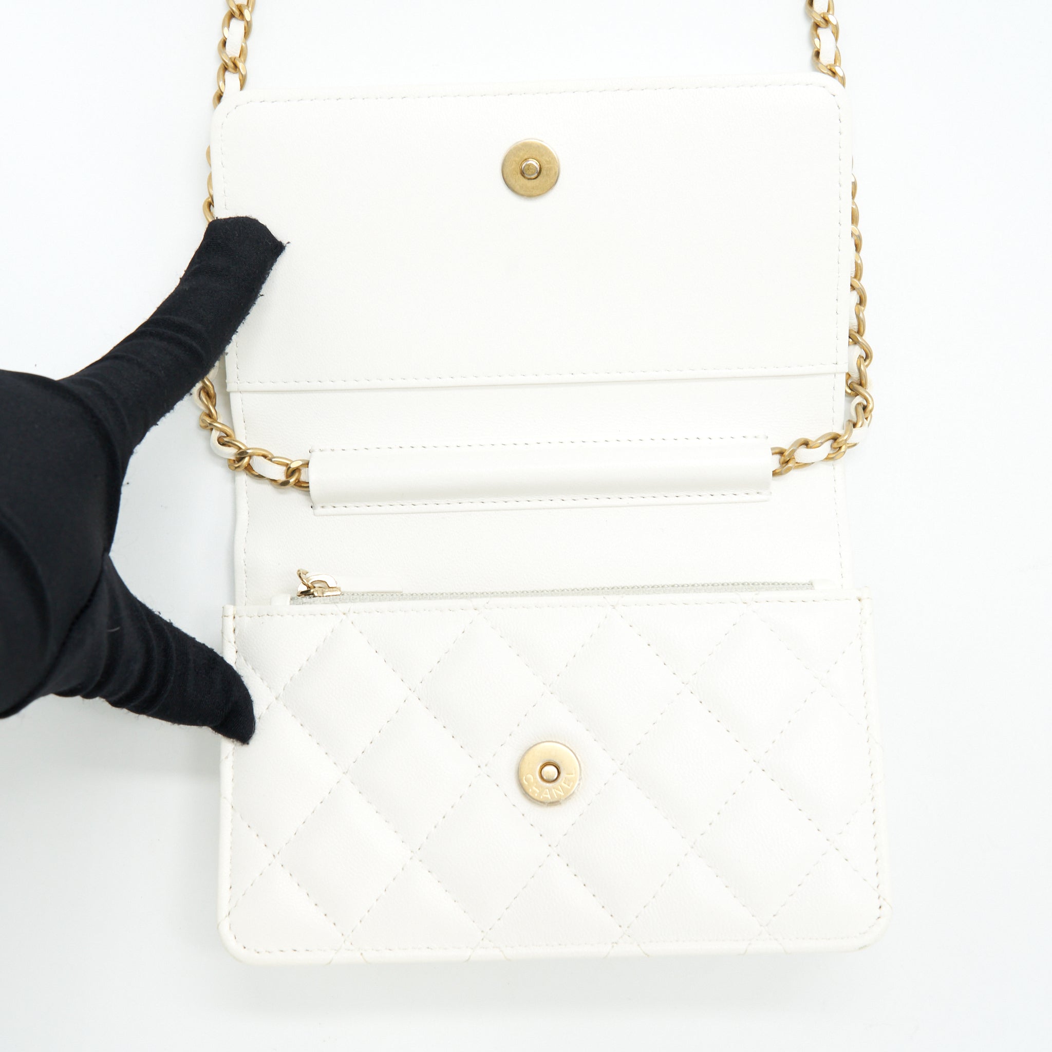 Chanel Small Wallet On Chain With Ribbon Chain Lambskin White