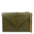 YVES SAINT LAURENT Large Envelope Flap Matelasse Leather Shoulder Bag Khaki Green