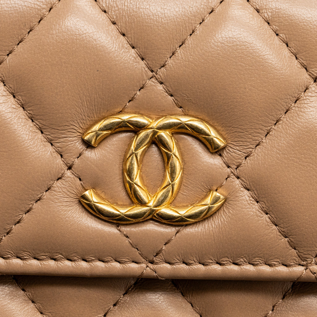 Chanel 22K gold pillar mini flap bag lambskin dark beige  (Microchip)