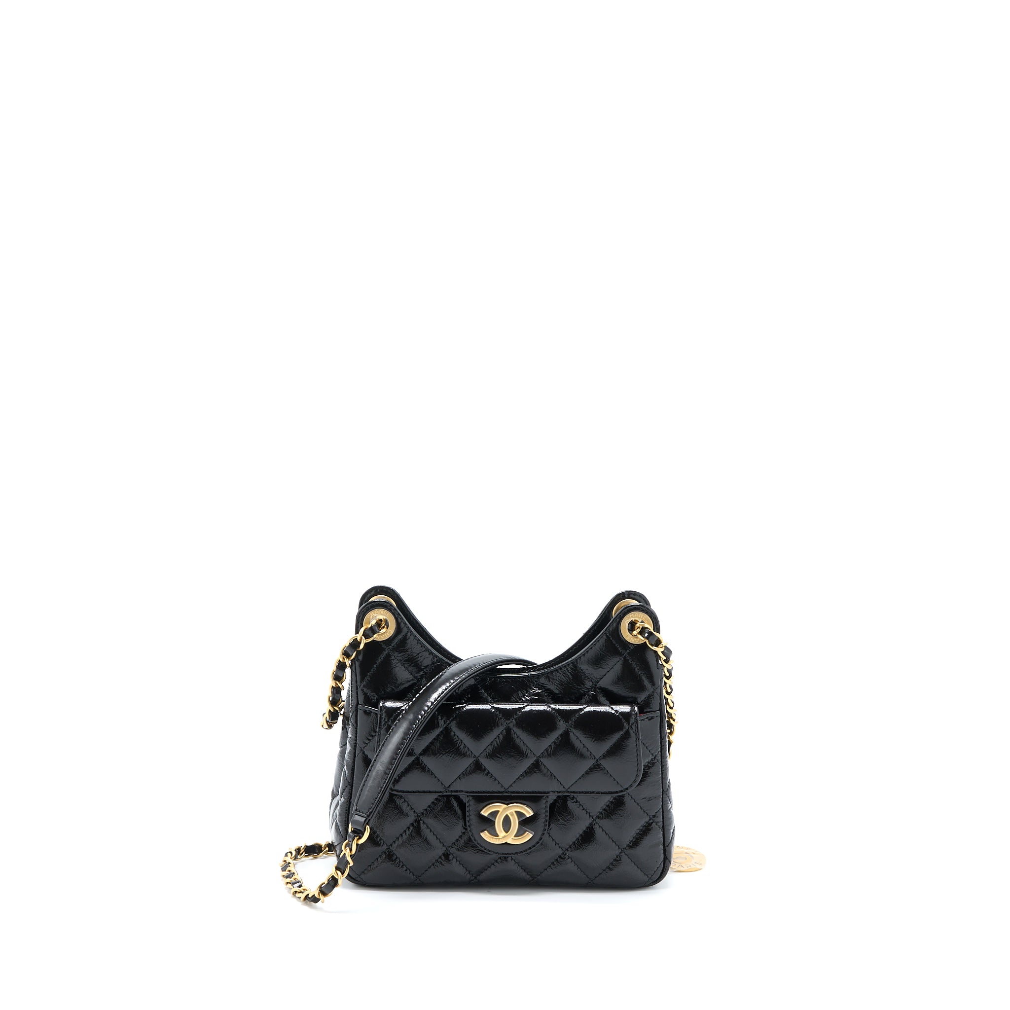 Chanel 23C Small Hobo Bag Shiny Calfskin Black Brushed  (Microchip)