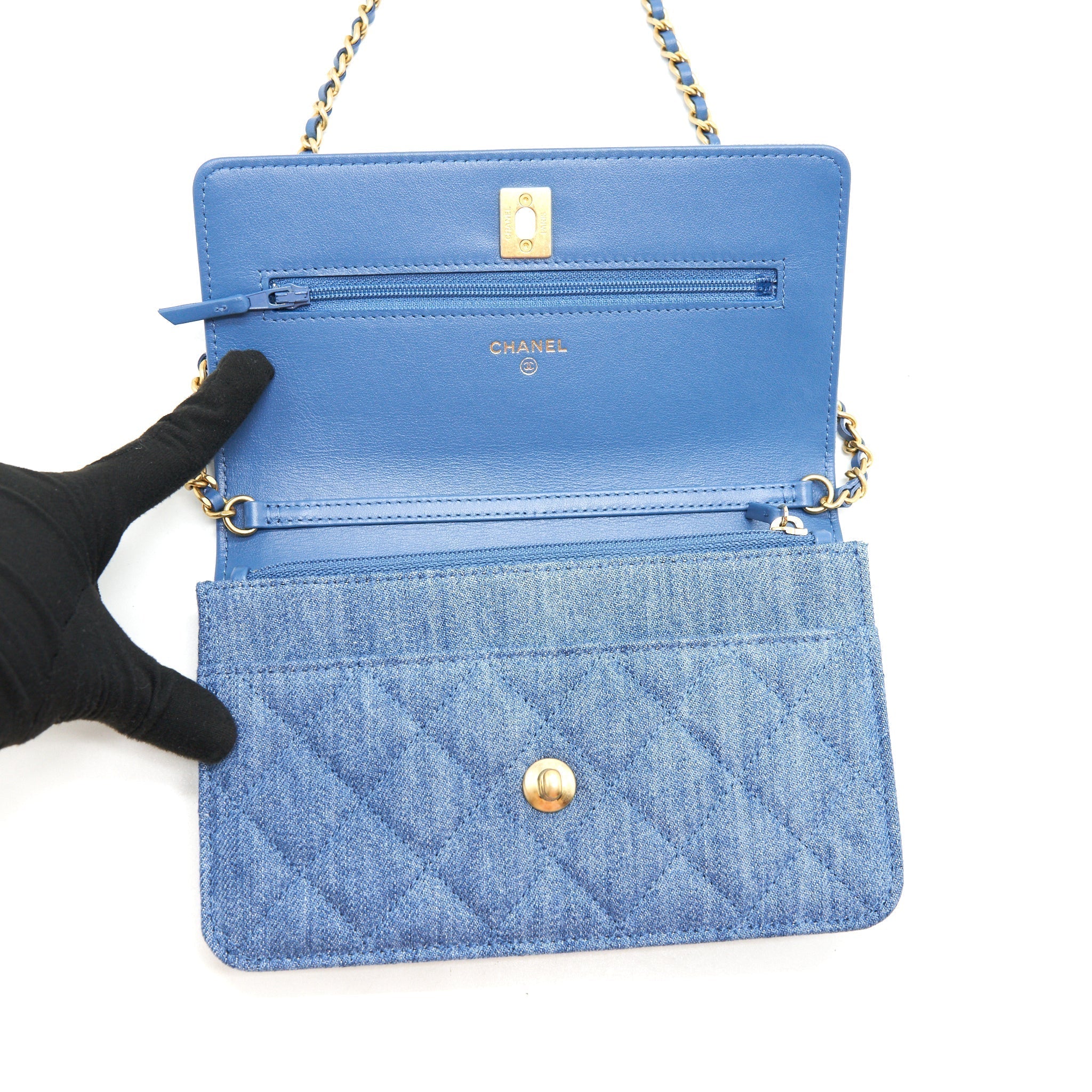 Chanel 22C Pearl Crush Wallet On Chain Denim