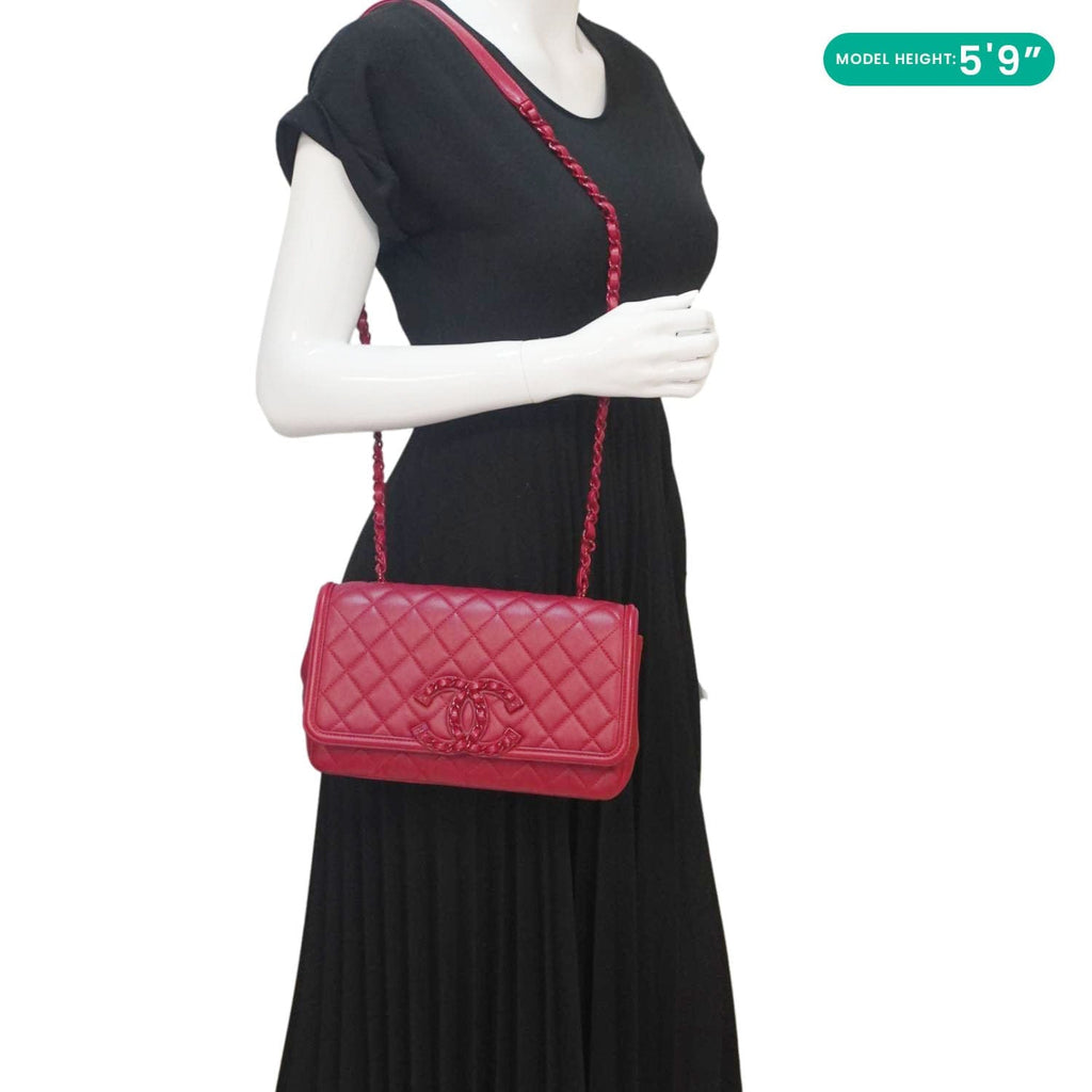 CHANEL CC Filigree Medium Flap Caviar Leather Crossbody Bag Red