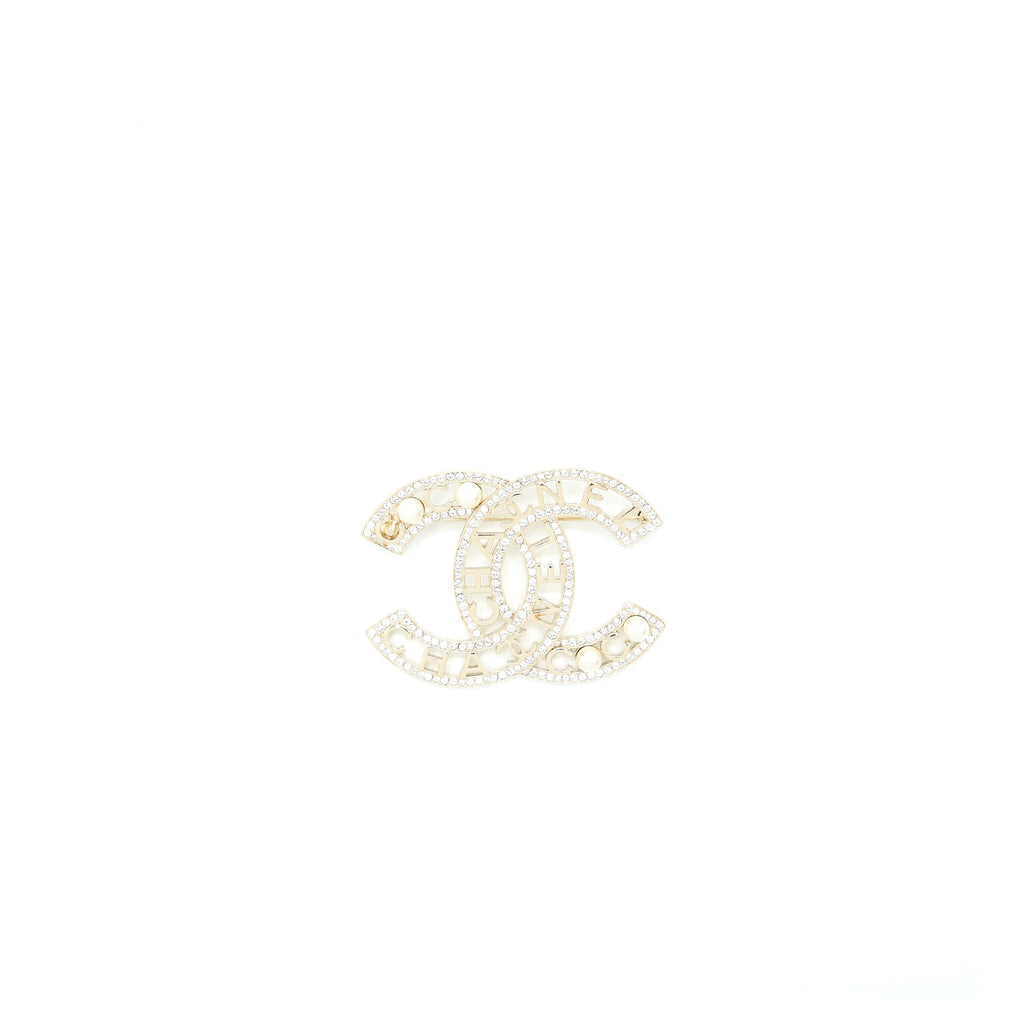 Chanel Large Model CC Logo with Crystal/Pearl Brooch Light Gold Tone