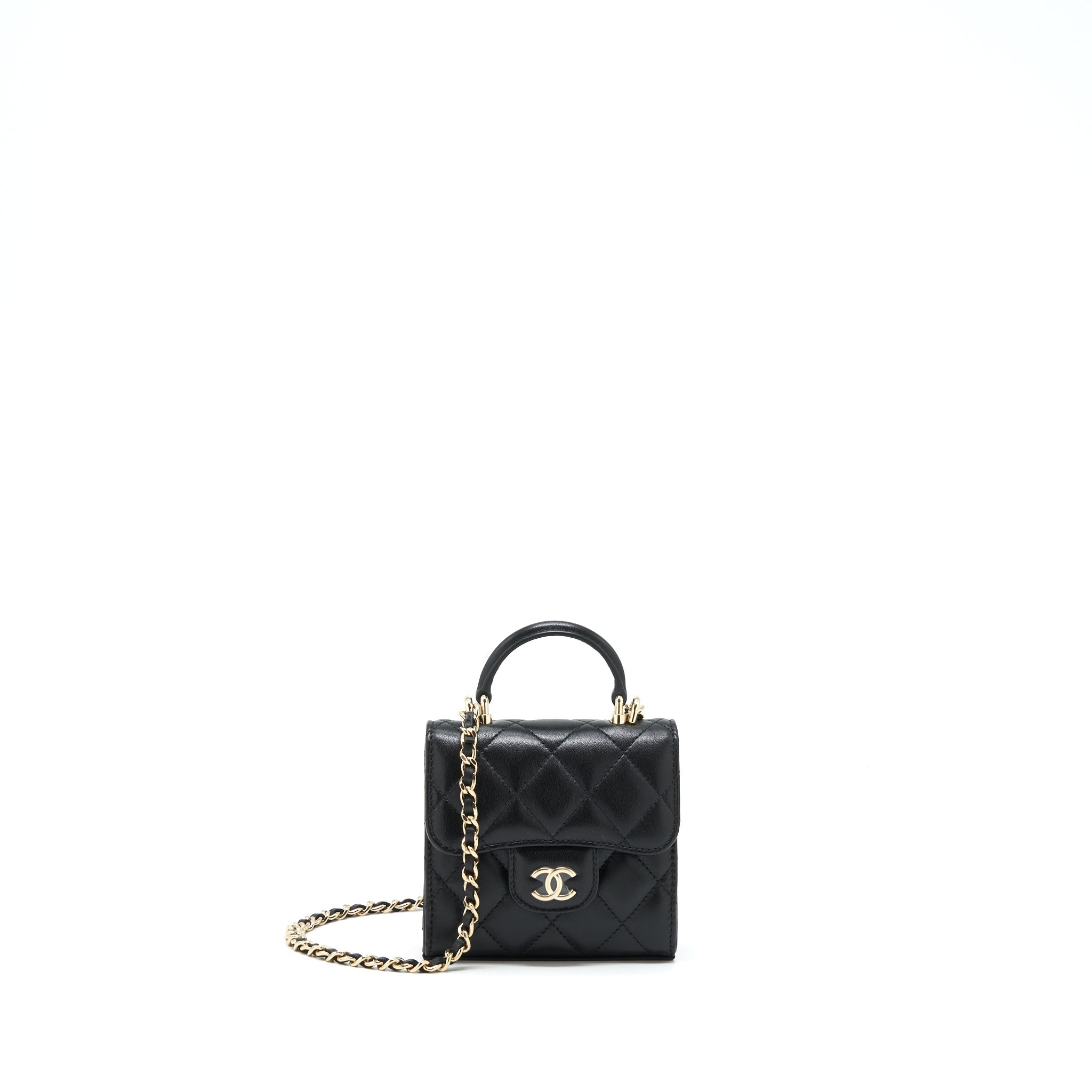 Chanel 22P Top Handle Mini Flap Bag With Chain Lambskin Black L