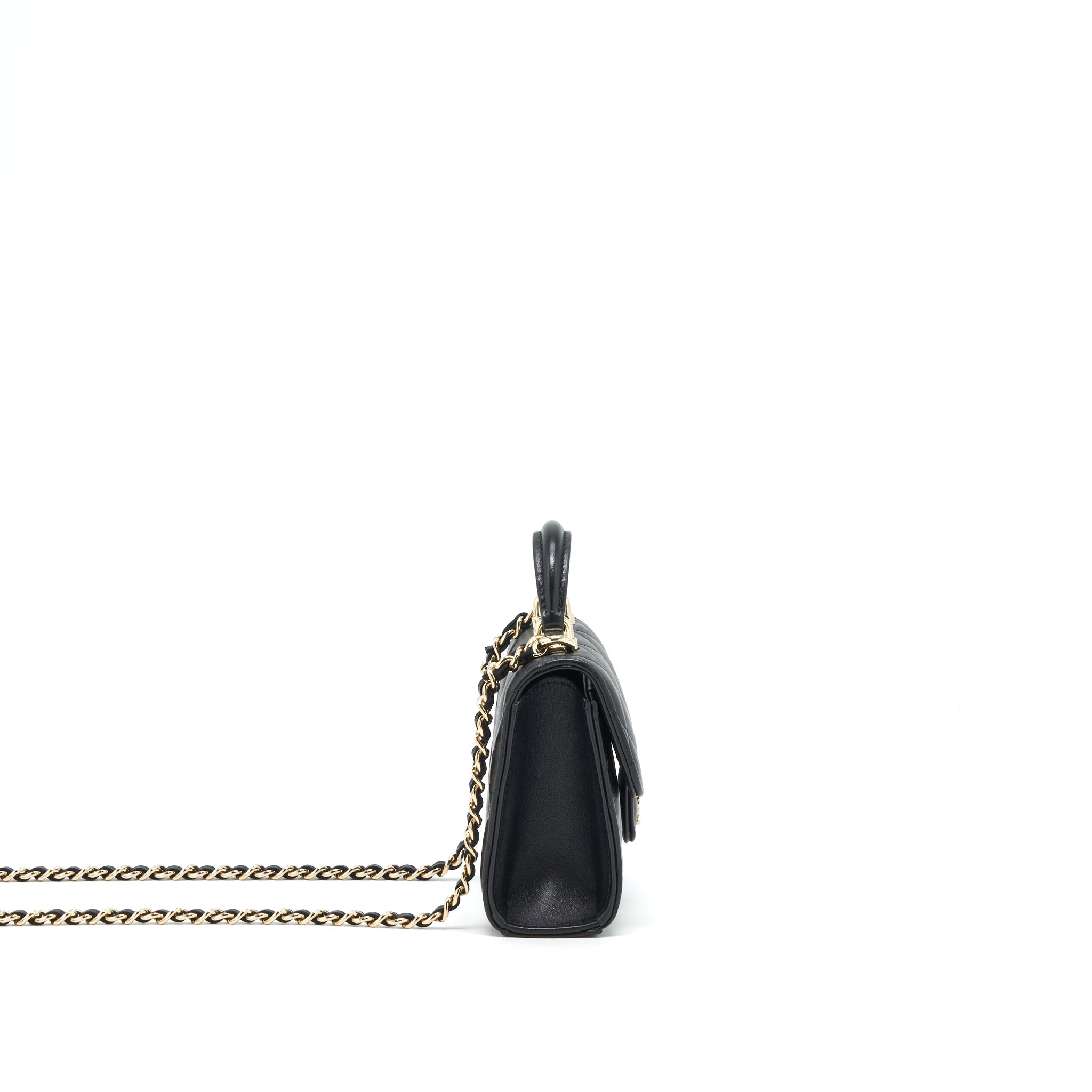 Chanel 22P Top Handle Mini Flap Bag With Chain Lambskin Black L