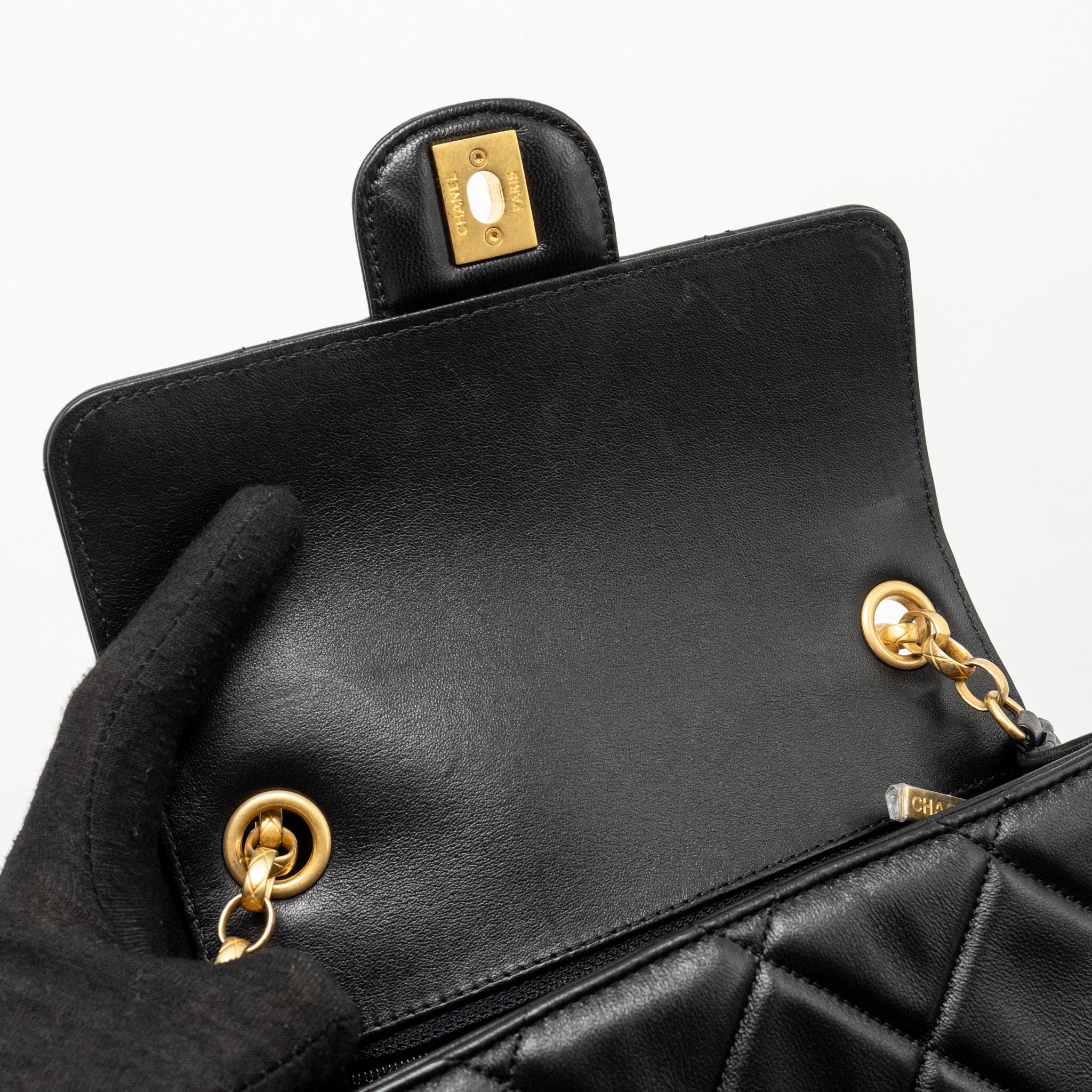 Chanel Quilted Mini Flap Bag with Detailed Chain Lambskin Black  (Microchip)