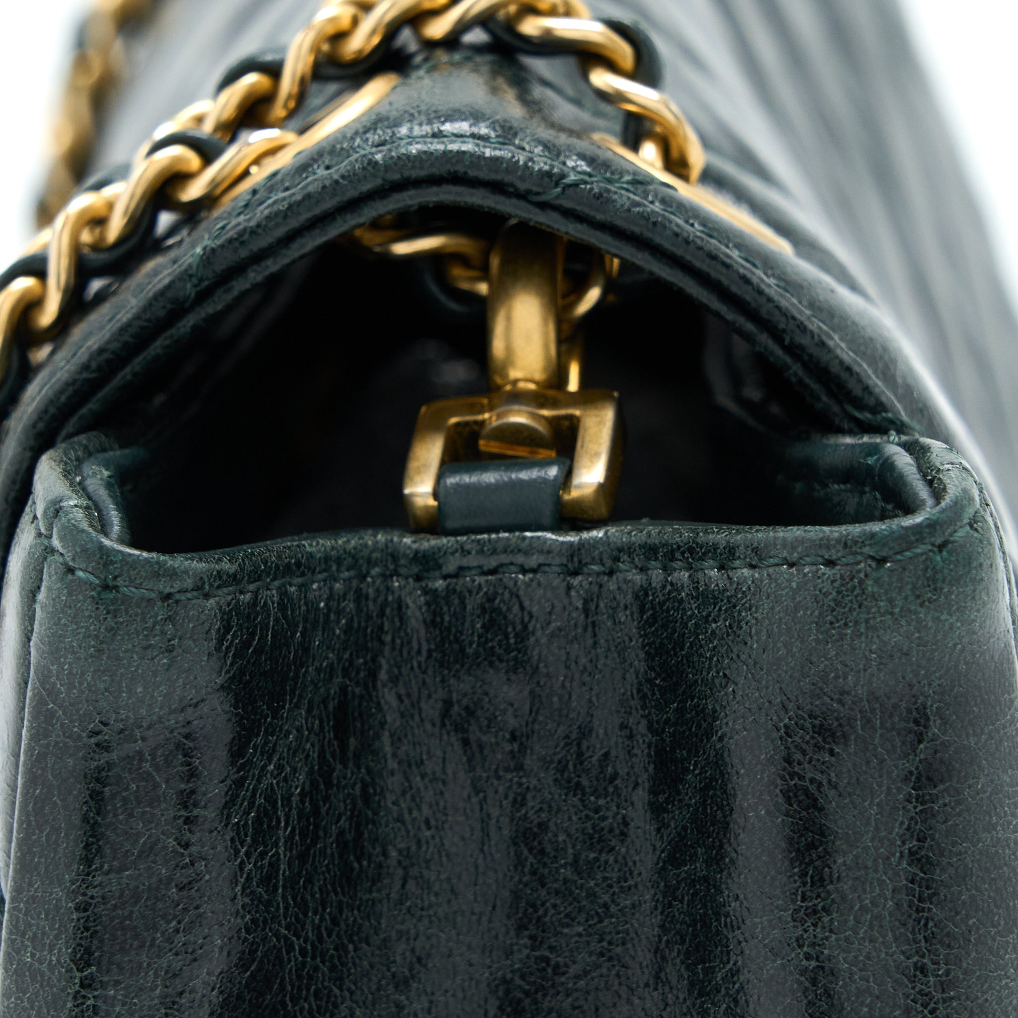 Chanel Chevron Hampton Flap Bag Aged Calfskin Dark Green