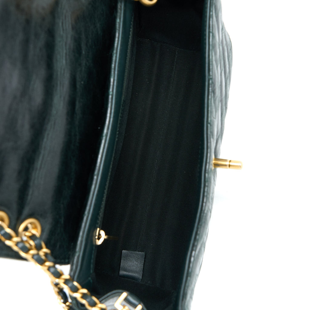 Chanel Chevron Hampton Flap Bag Aged Calfskin Dark Green