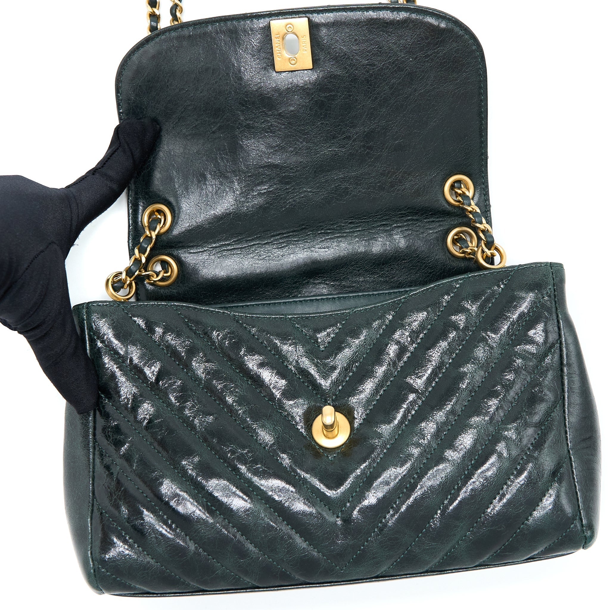 Chanel Chevron Hampton Flap Bag Aged Calfskin Dark Green