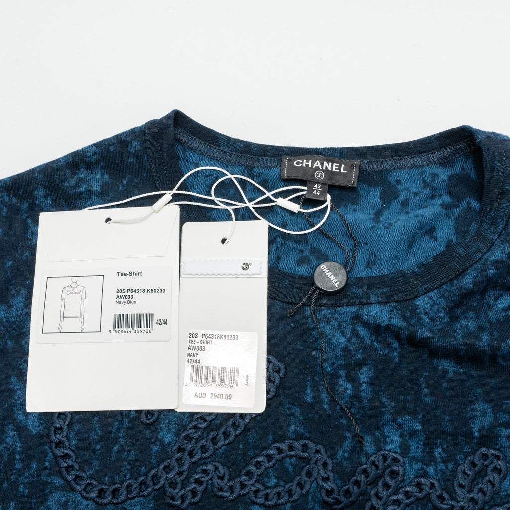 Chanel Size 42/44 20S Signature Logo with Crystal CC Logo Plaque T-shirt Cotton Navy Blue