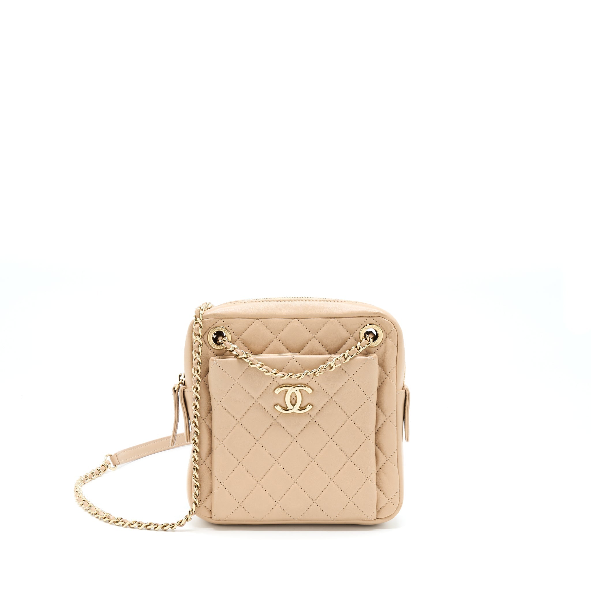 Chanel Small Vertical Camera Bag With Chain Lambskin Beige L