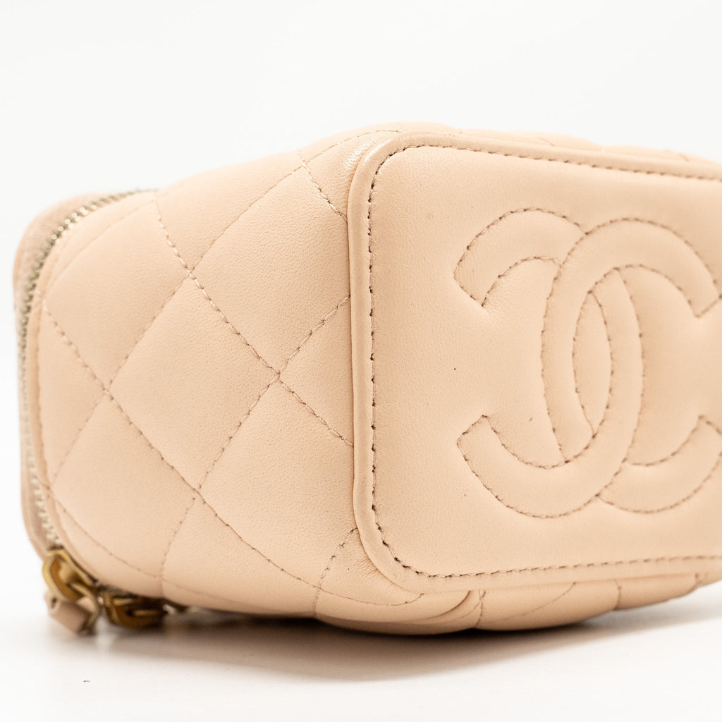 Chanel Mini Vanity Case With Camellia Adjustable Chain Lambskin Beige  (Microchip)