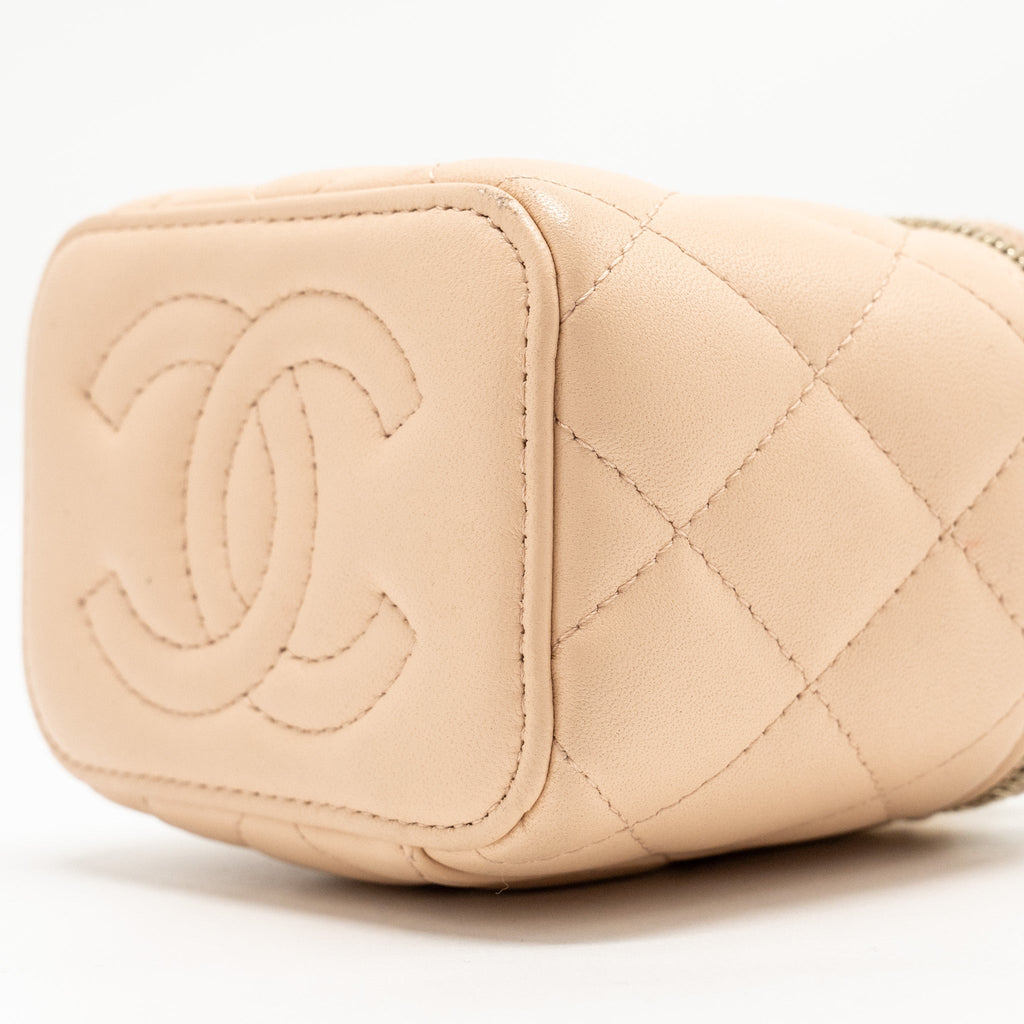 Chanel Mini Vanity Case With Camellia Adjustable Chain Lambskin Beige  (Microchip)
