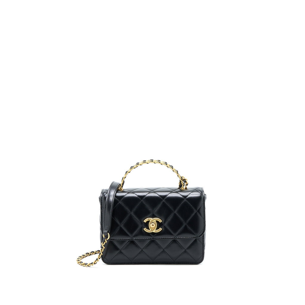Chanel 23p Flap Bag with Top Handle Shiny Calfskin Black  (Microchip)