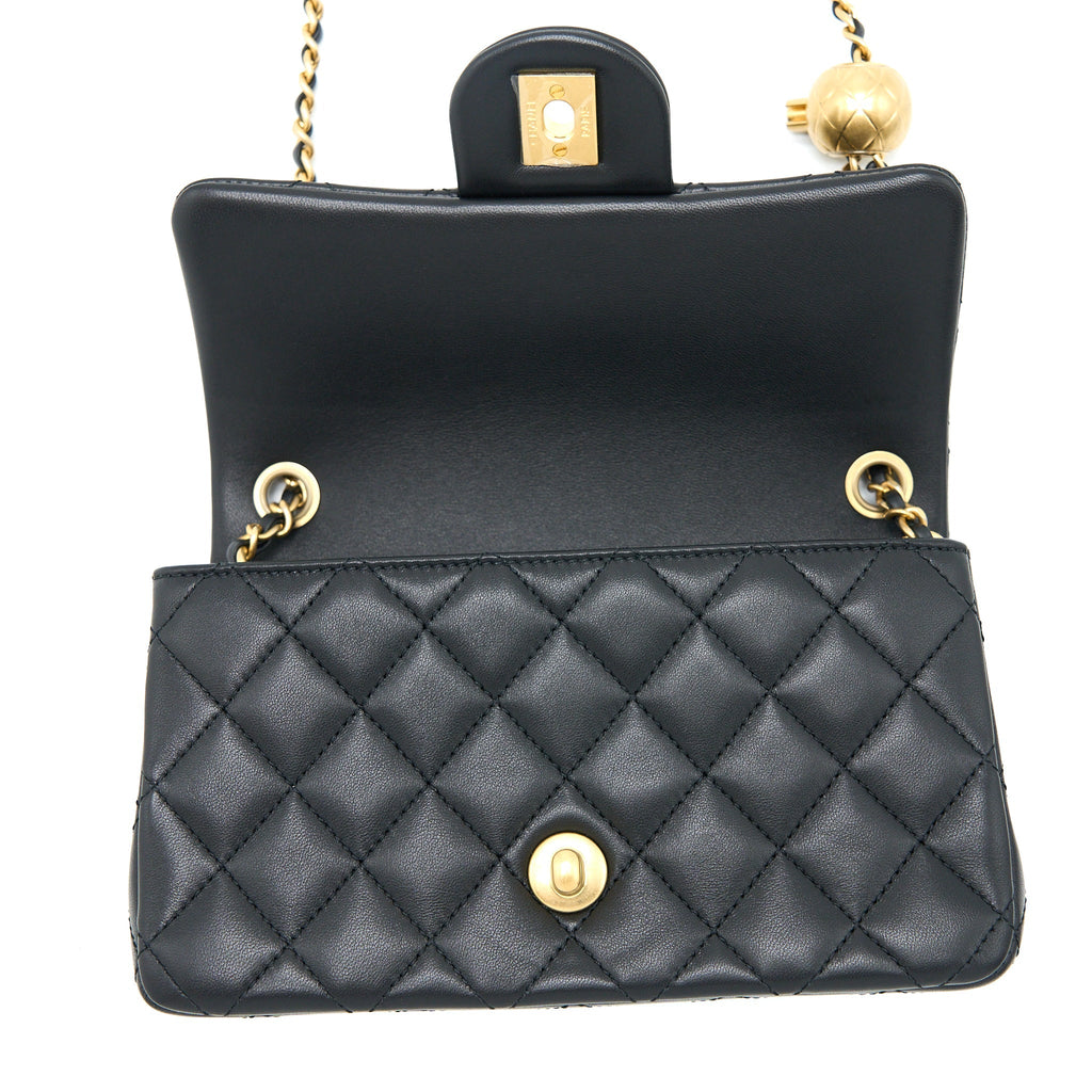 Chanel 23C Pearl Crush Mini Rectangular Flap Bag Lambskin Black Brushed  (Microchip)