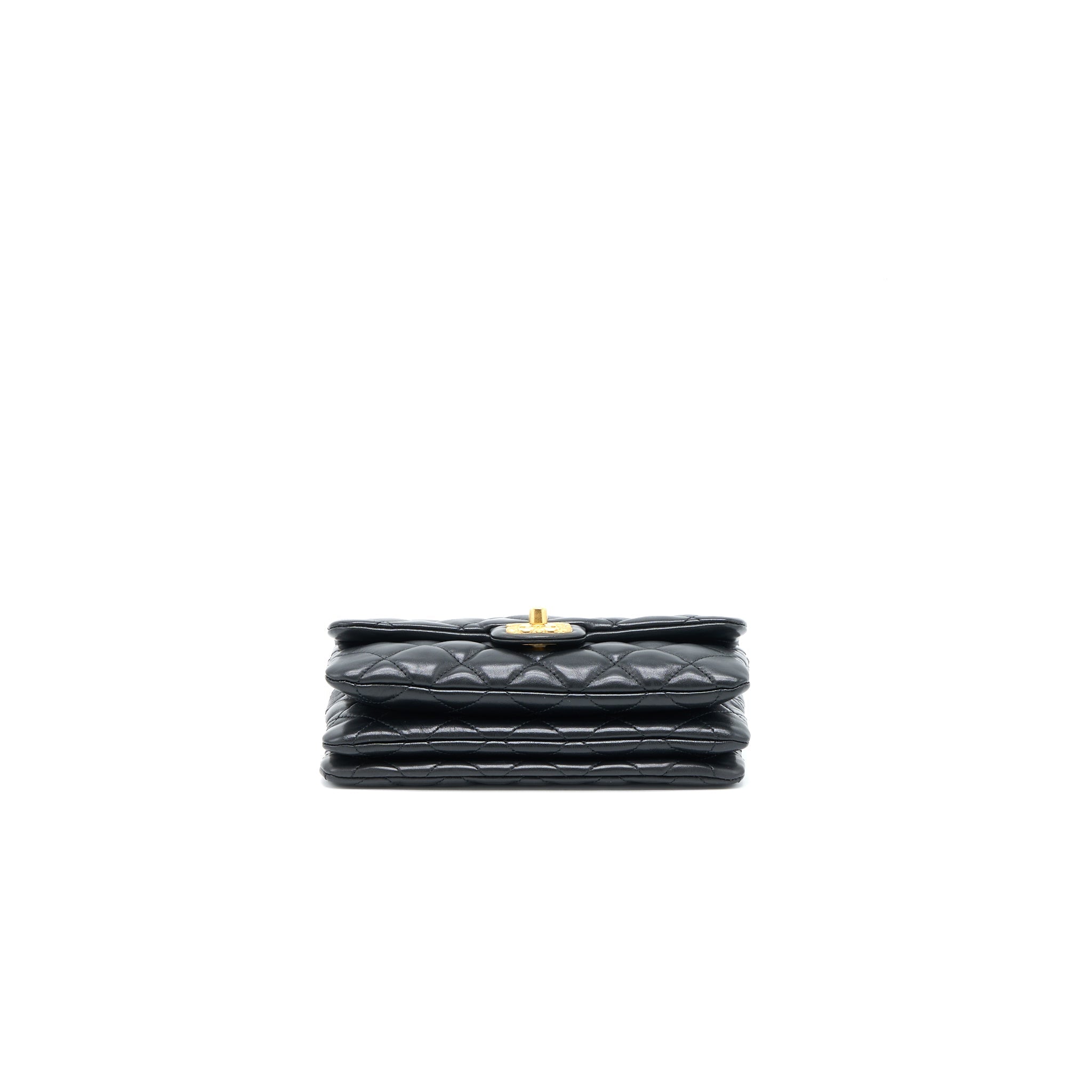 Chanel 22K Gold Pillar Adjustable Chain Flap Bag Lambskin Black Brushed  (Microchip)
