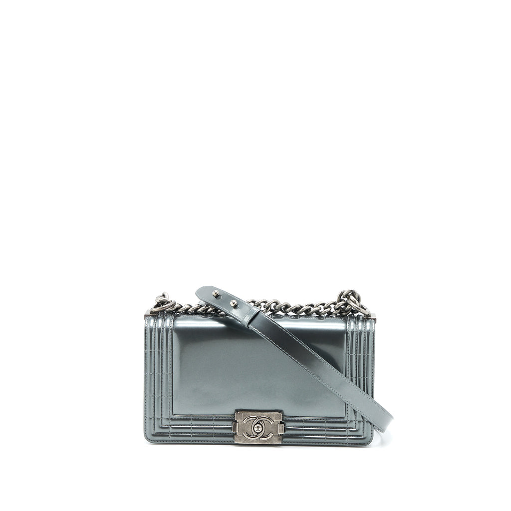 Chanel Medium Boy Bag Patent Grey Ruthenium