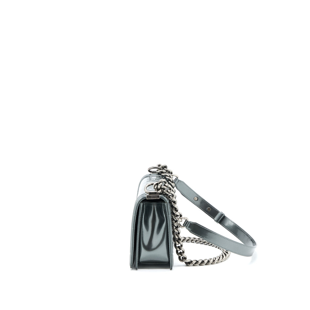 Chanel Medium Boy Bag Patent Grey Ruthenium