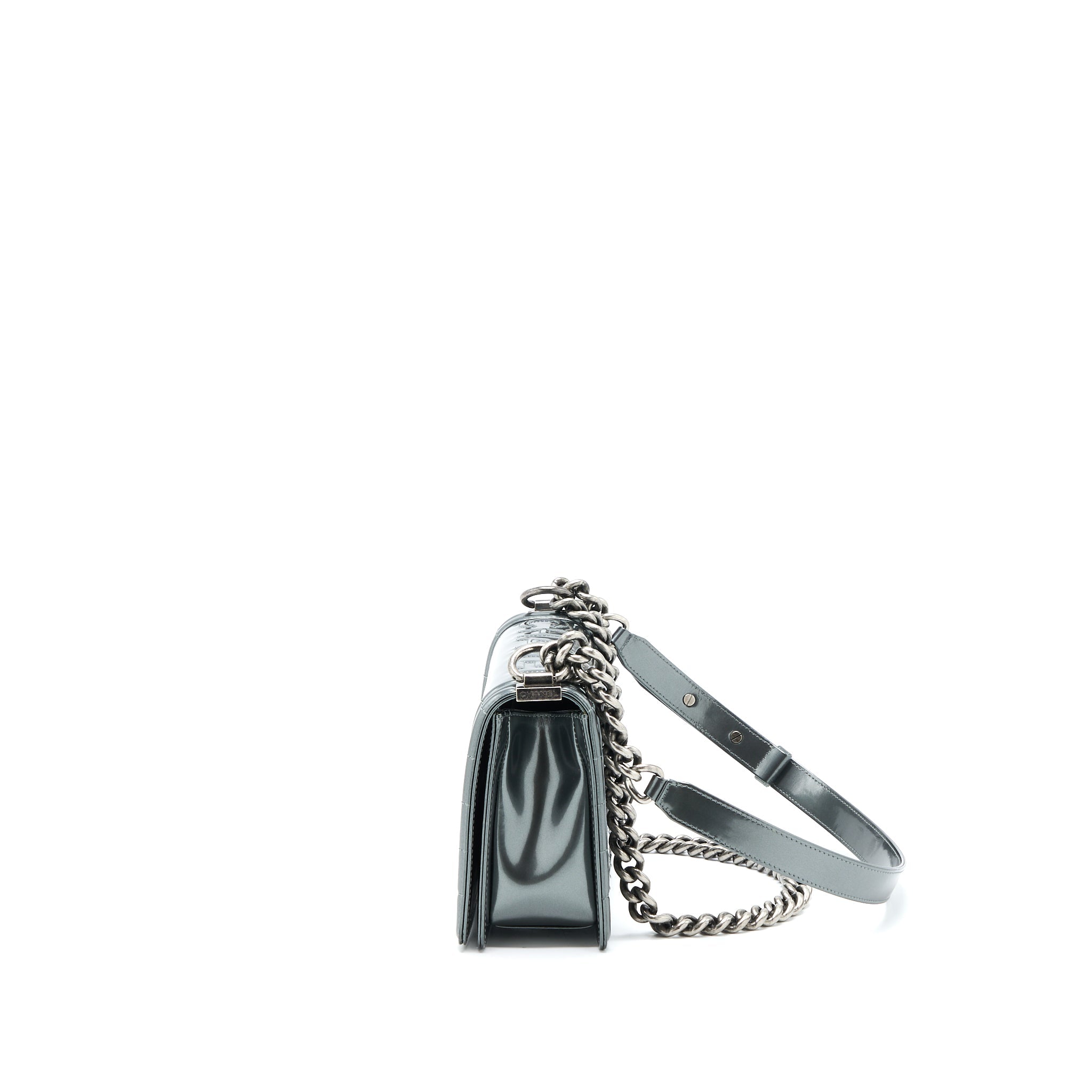 Chanel Medium Boy Bag Patent Grey Ruthenium