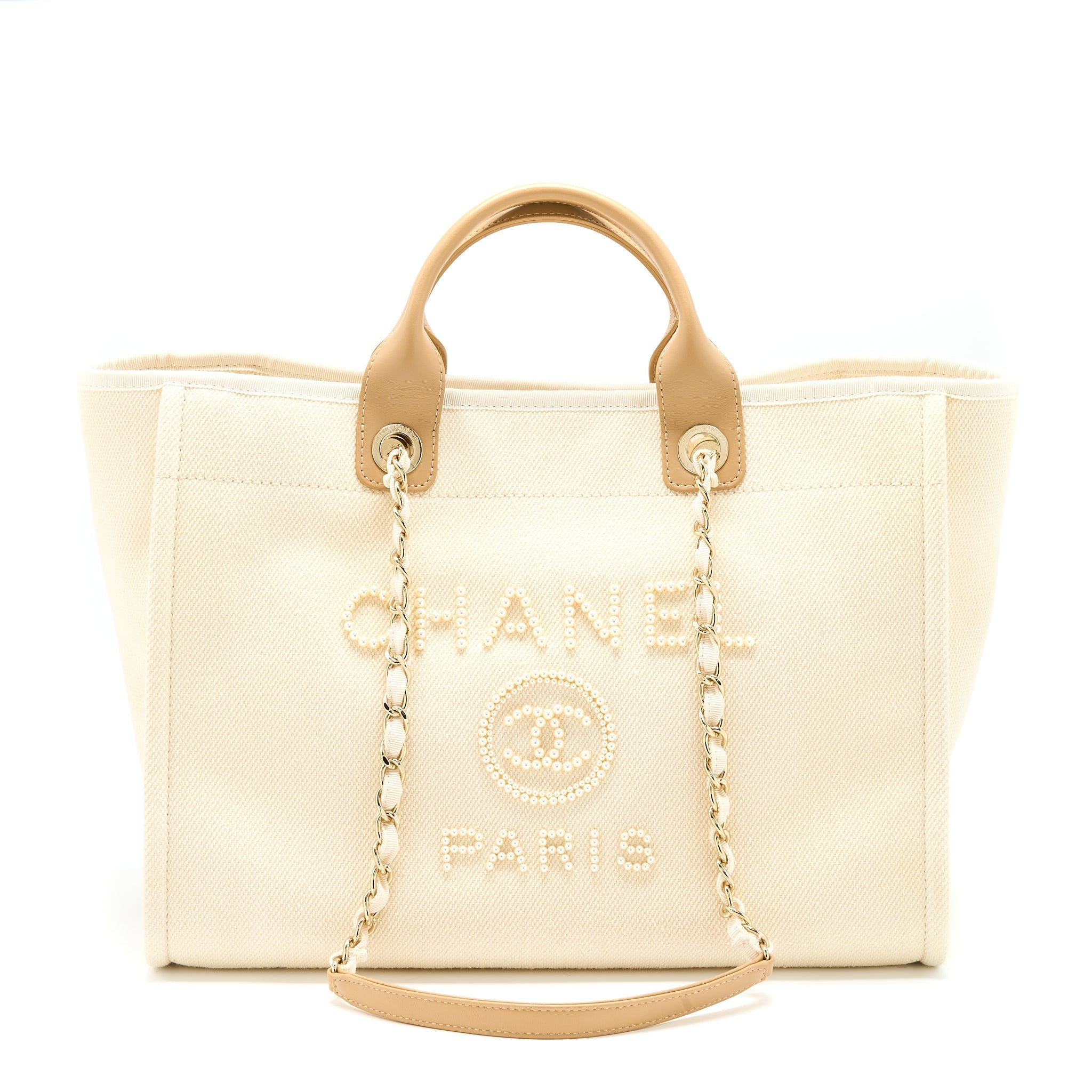 Chanel Deauville Tote Bag Fabric/Leather Creamy White/Beige