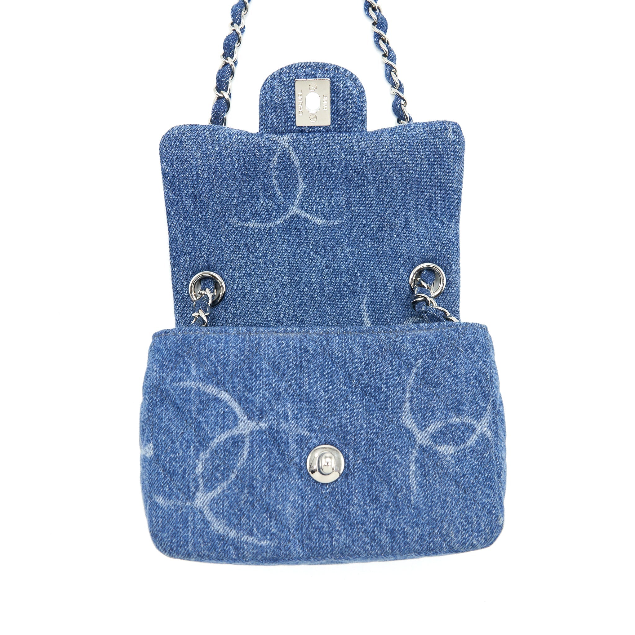 Chanel 20B Mini Square Flap Bag CC Print Denim Blue