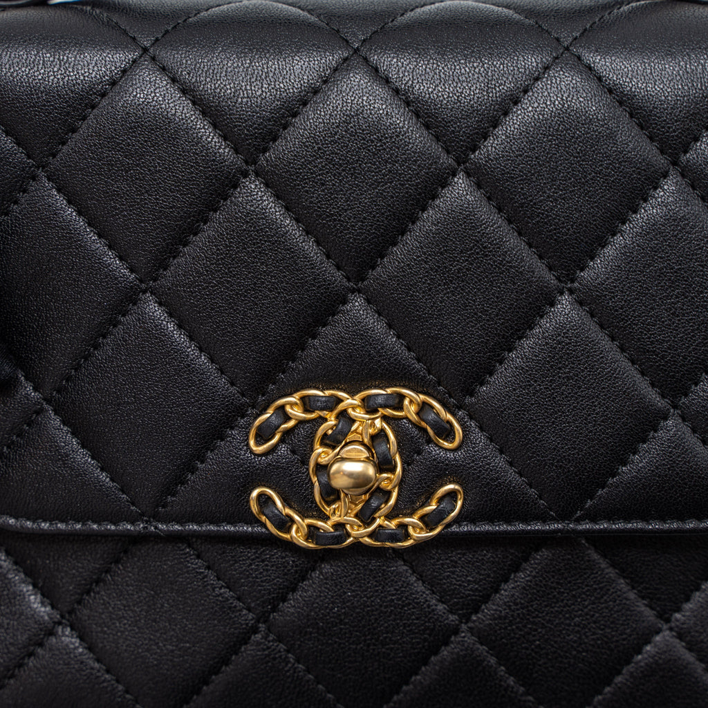 Chanel Top Handle Flap Bag Detailed Logo Goatskin Black