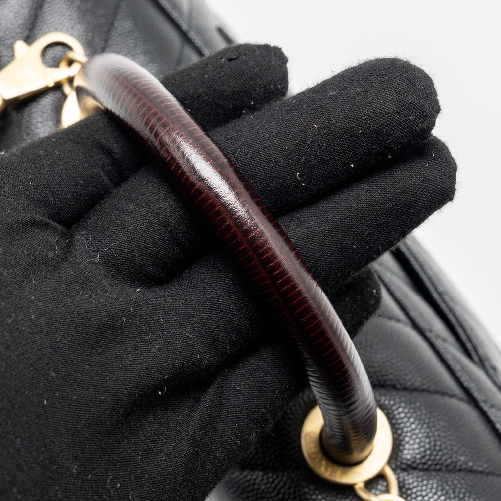 Chanel Small Coco Handle Chevron Caviar with Lizard Embossed Handle Black/ Burgundy