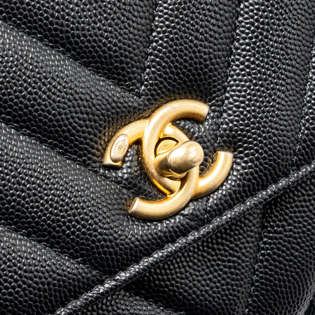 Chanel Small Coco Handle Chevron Caviar with Lizard Embossed Handle Black/ Burgundy