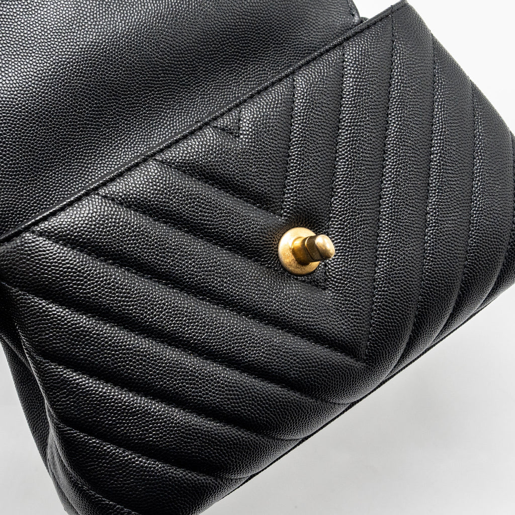 Chanel Small Coco Handle Chevron Caviar with Lizard Embossed Handle Black/ Burgundy