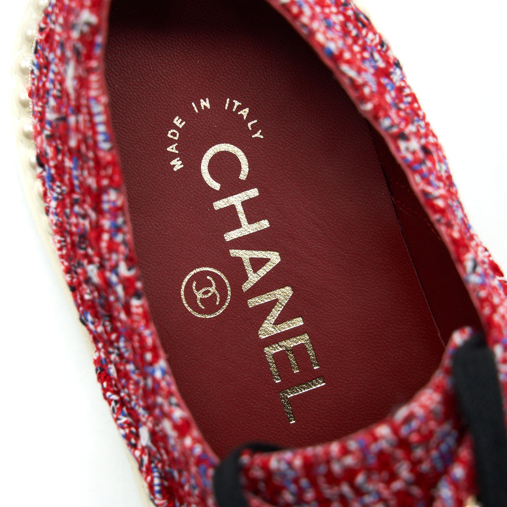 Chanel Size 36.5 Tweed Lace-Up Pearl Flats Red