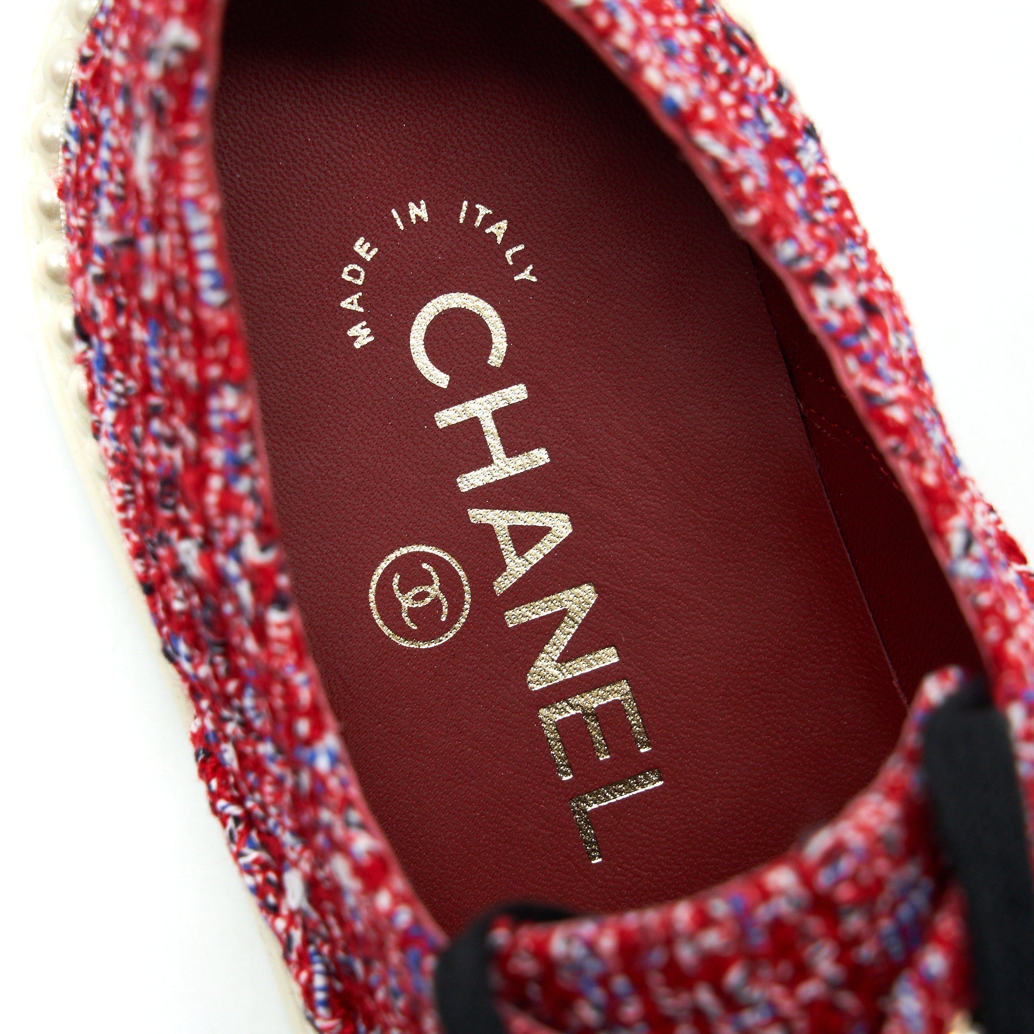 Chanel Size 36.5 Tweed Lace-Up Pearl Flats Red