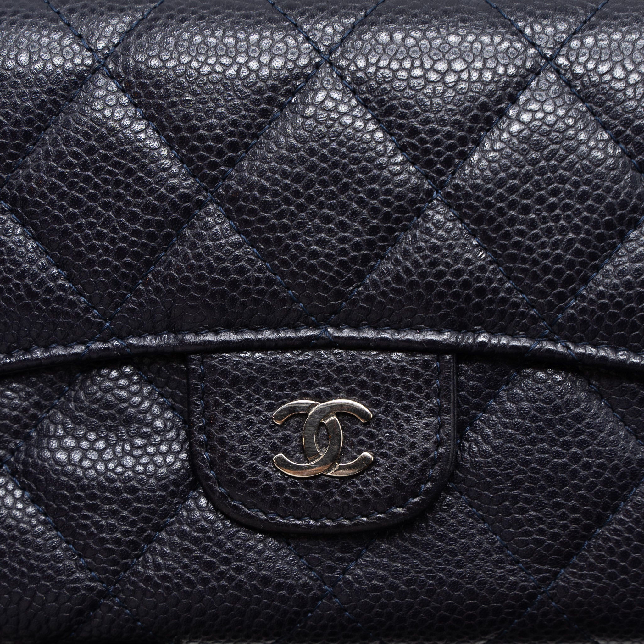 Chanel Classic Quilted Flap Long Wallet Caviar Dark Blue