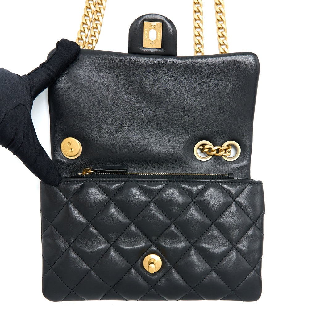 Chanel 22K Gold Pillar Adjustment Chain Flap Bag Lambskin Black  (Microchip)