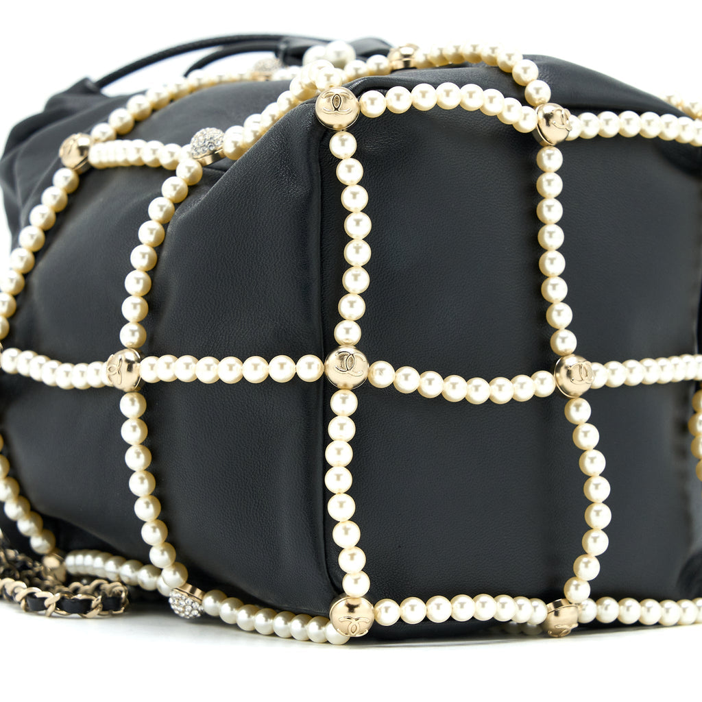 Chanel Bucket Crystal CC Logo Pearl Chain Bag Lambskin Black