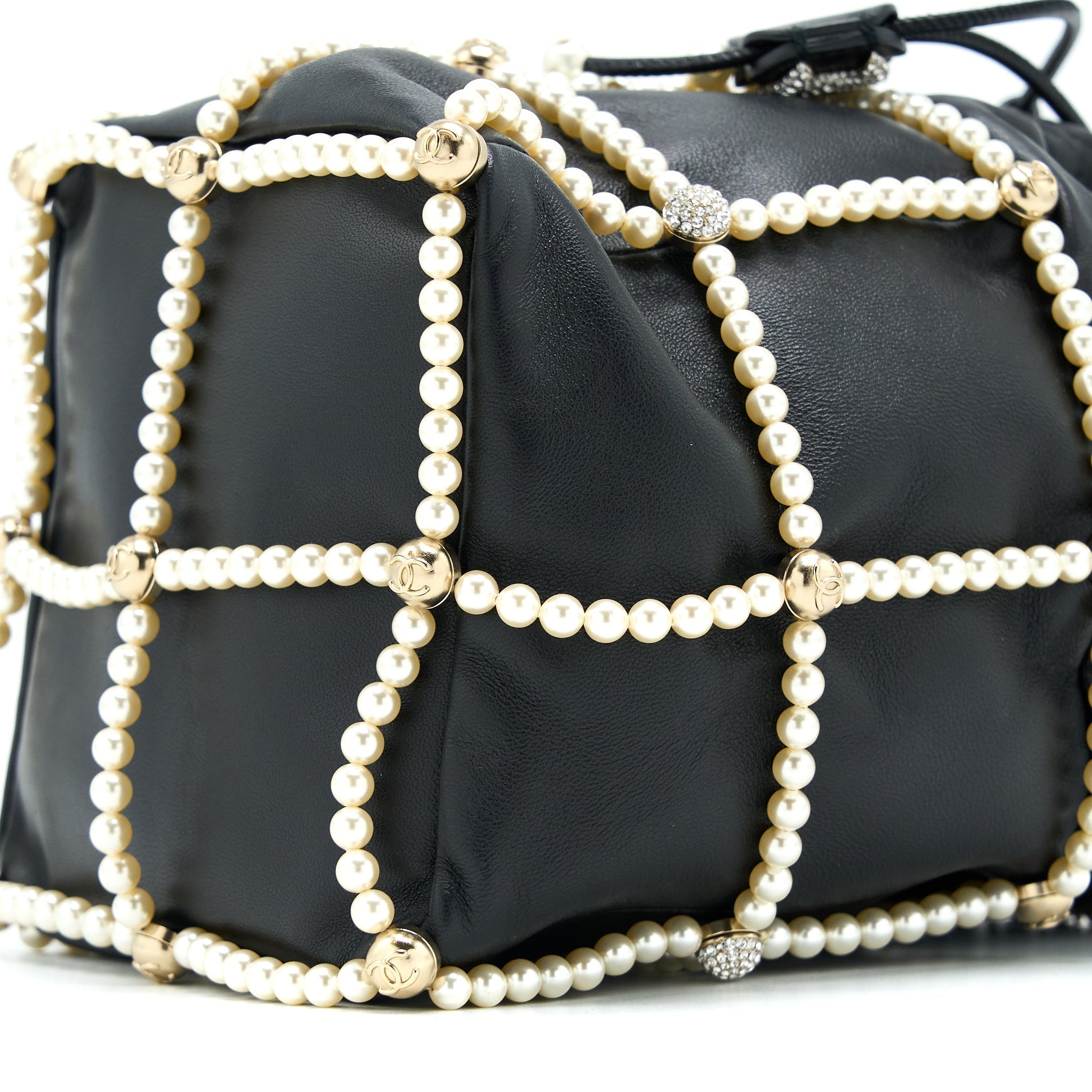 Chanel Bucket Crystal CC Logo Pearl Chain Bag Lambskin Black