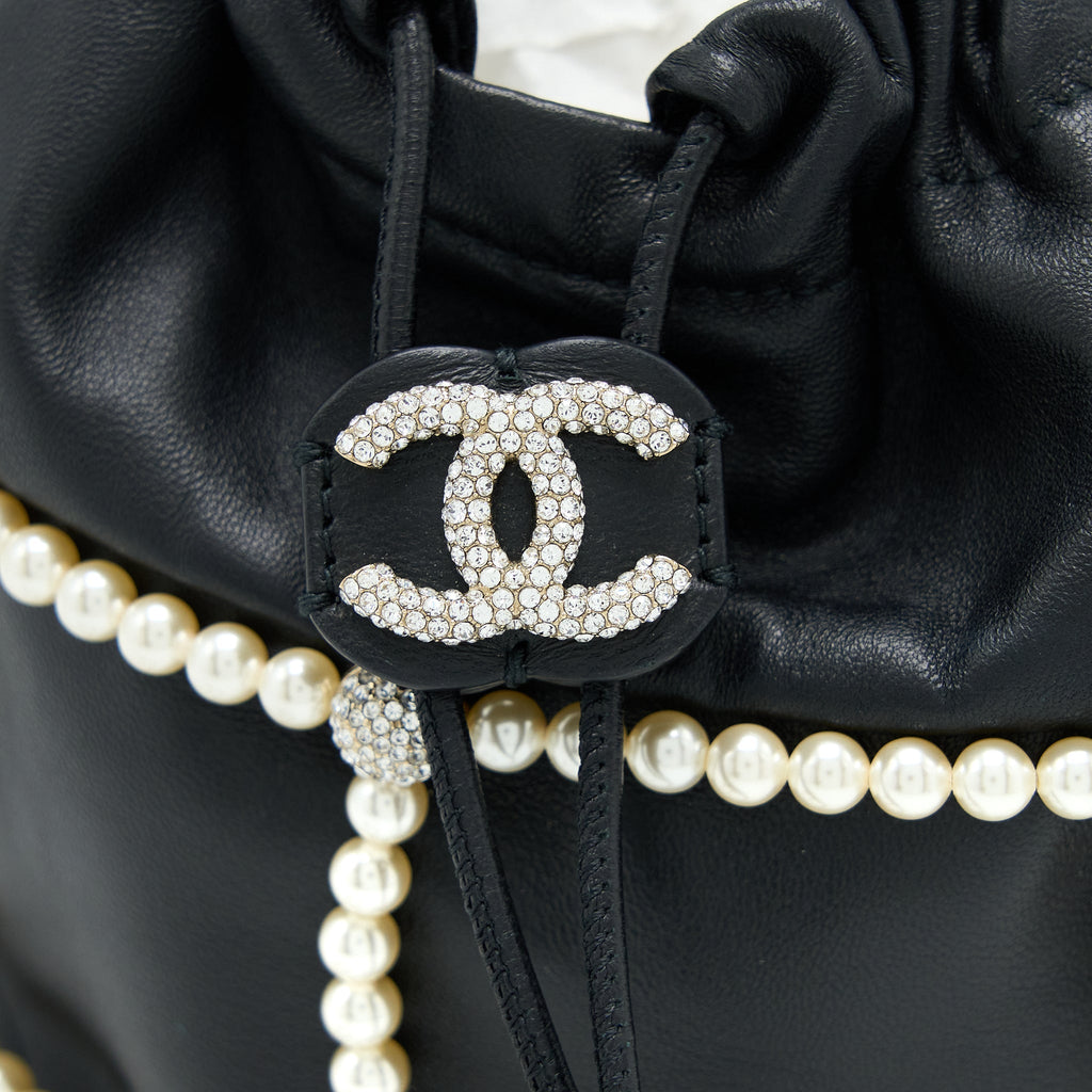 Chanel Bucket Crystal CC Logo Pearl Chain Bag Lambskin Black