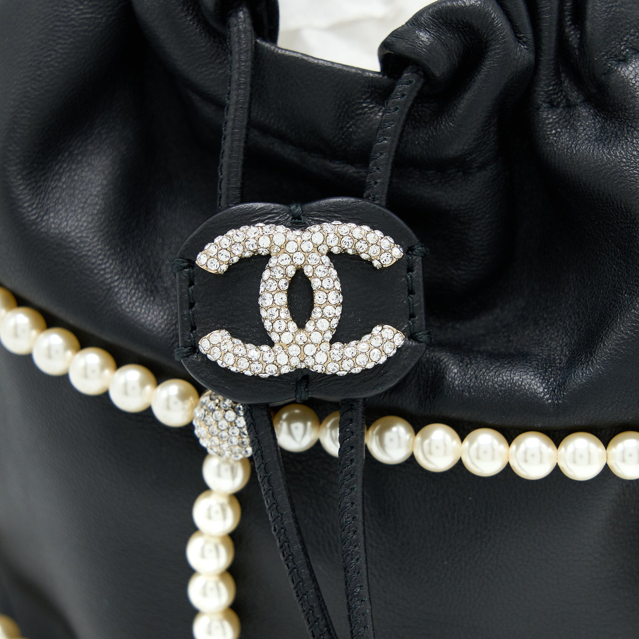 Chanel Bucket Crystal CC Logo Pearl Chain Bag Lambskin Black