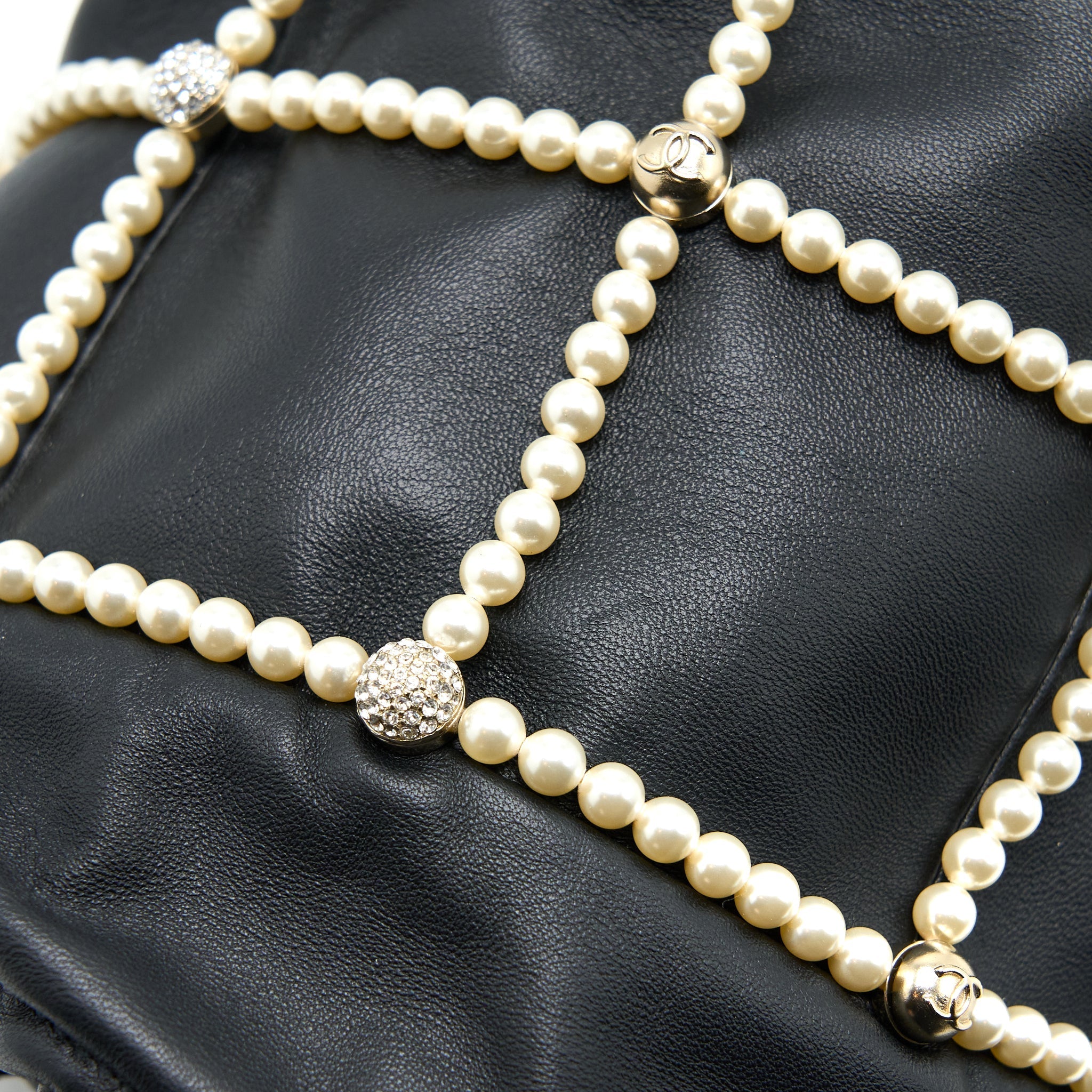 Chanel Bucket Crystal CC Logo Pearl Chain Bag Lambskin Black
