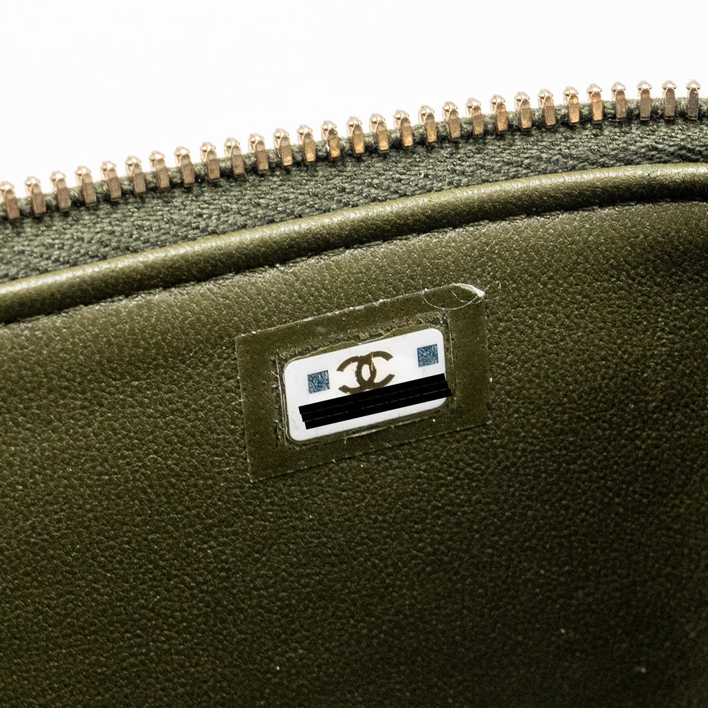 Chanel Detail Top Handle Long Vanity With Chain Lambskin Dark Green  (Microchip)
