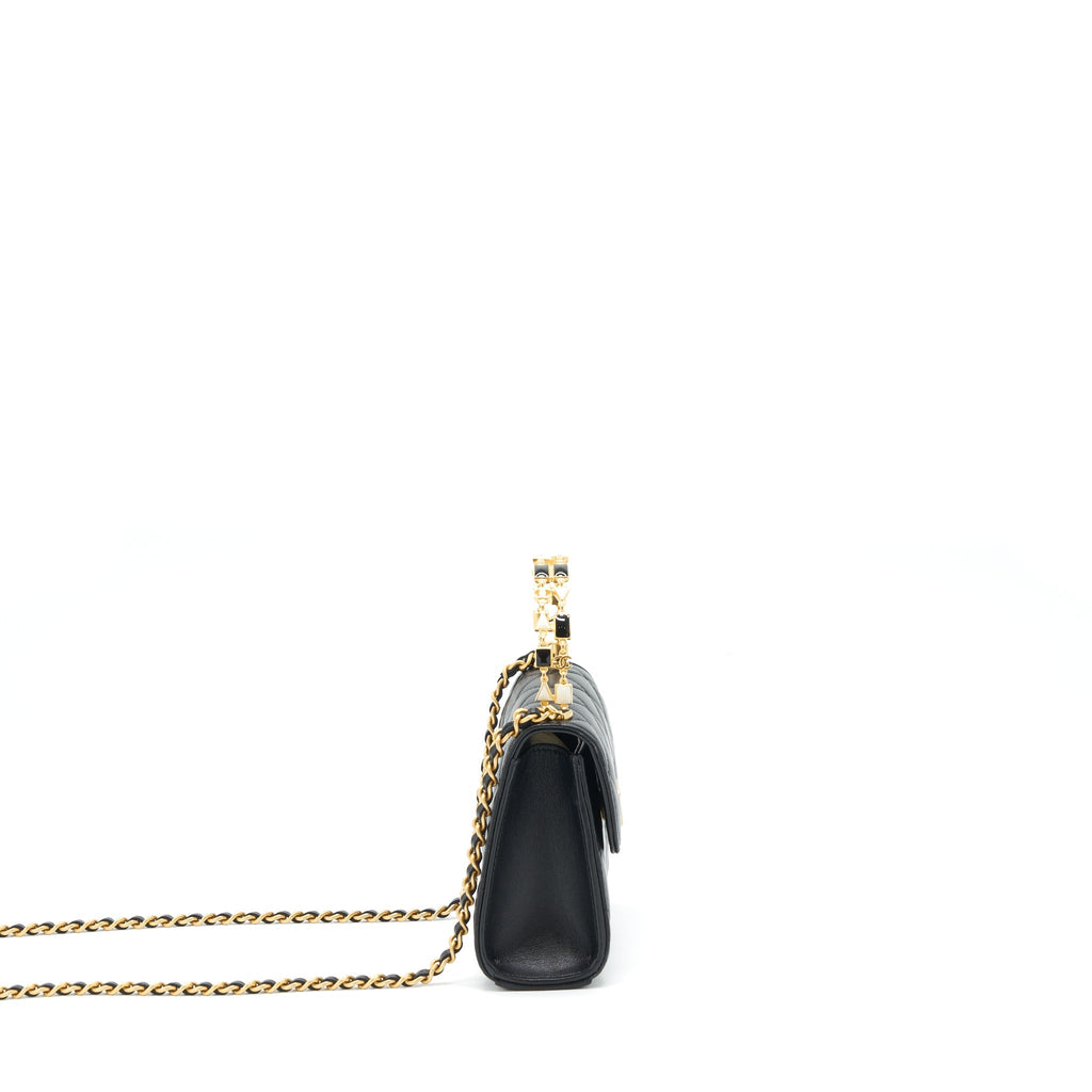 Chanel 22B Flap Bag With Enamel/CC Logo Top Handle Lambskin Black Brushed