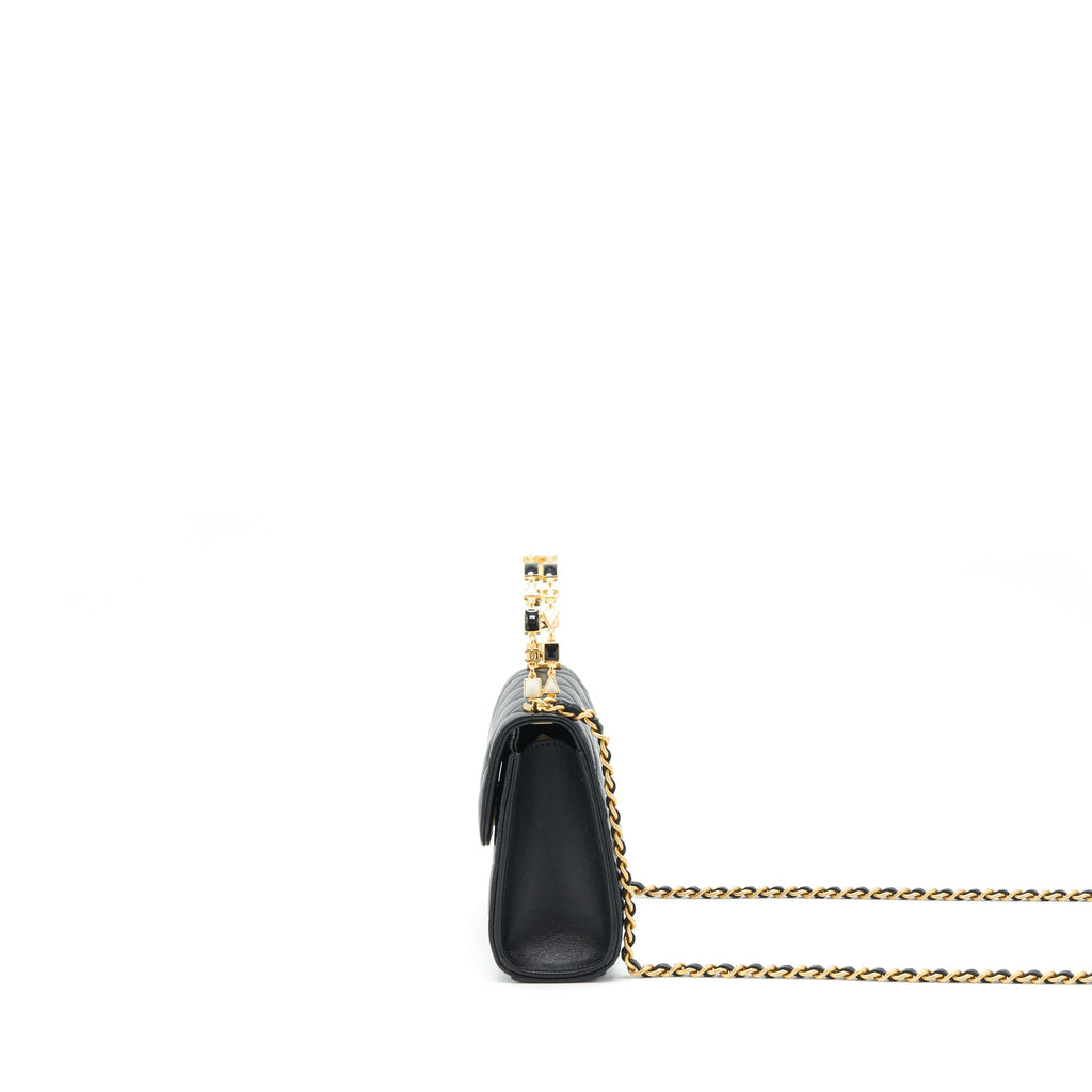Chanel 22B Flap Bag With Enamel/CC Logo Top Handle Lambskin Black Brushed